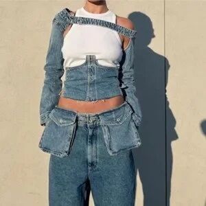 ZARA Denim Lace-Up Corset Top | Raw Edge Jean Bustier | Y2K Festival Size S NWT